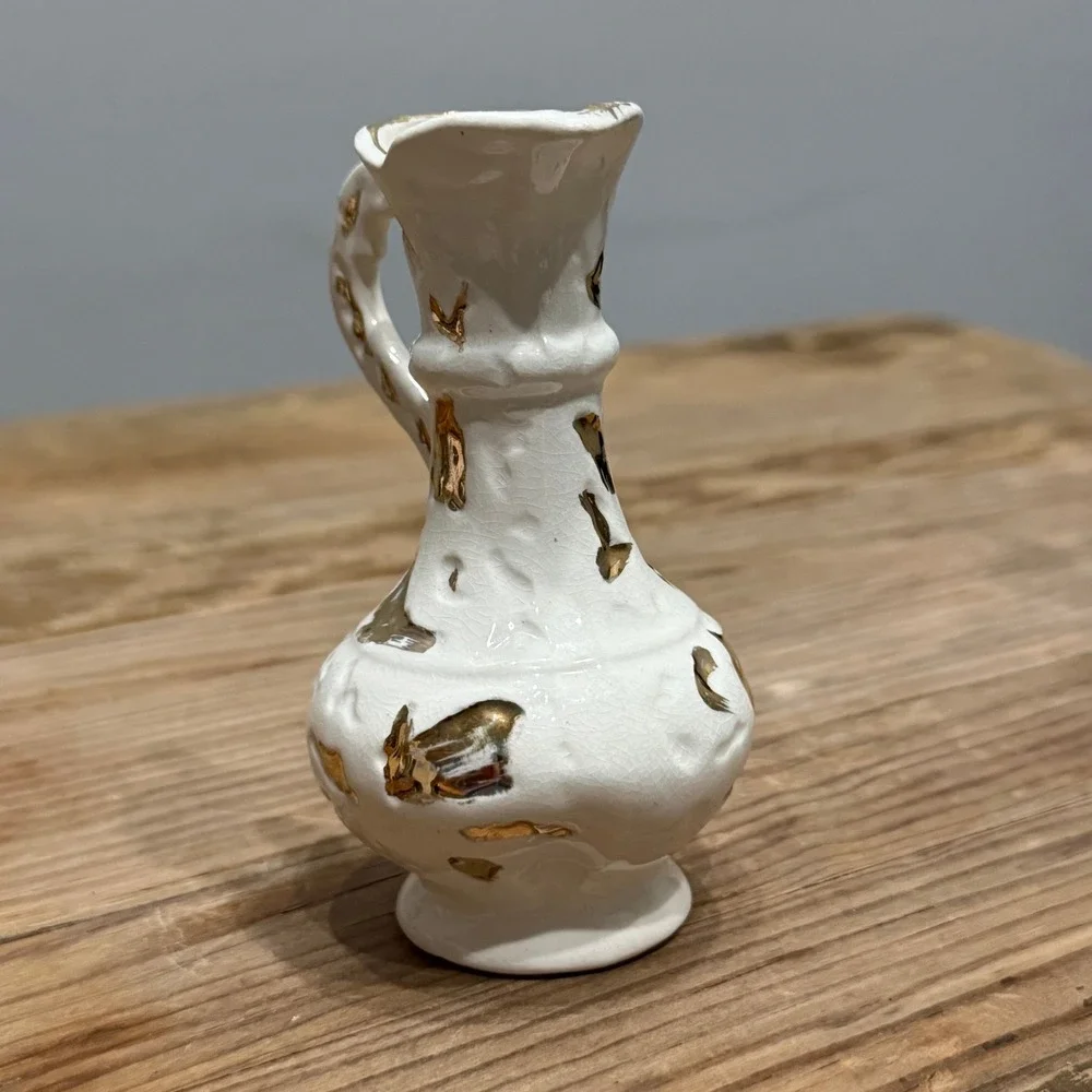 Vintage Antique Miniature White Crackle Glaze Ceramic Pitcher Gold Leaf Accents